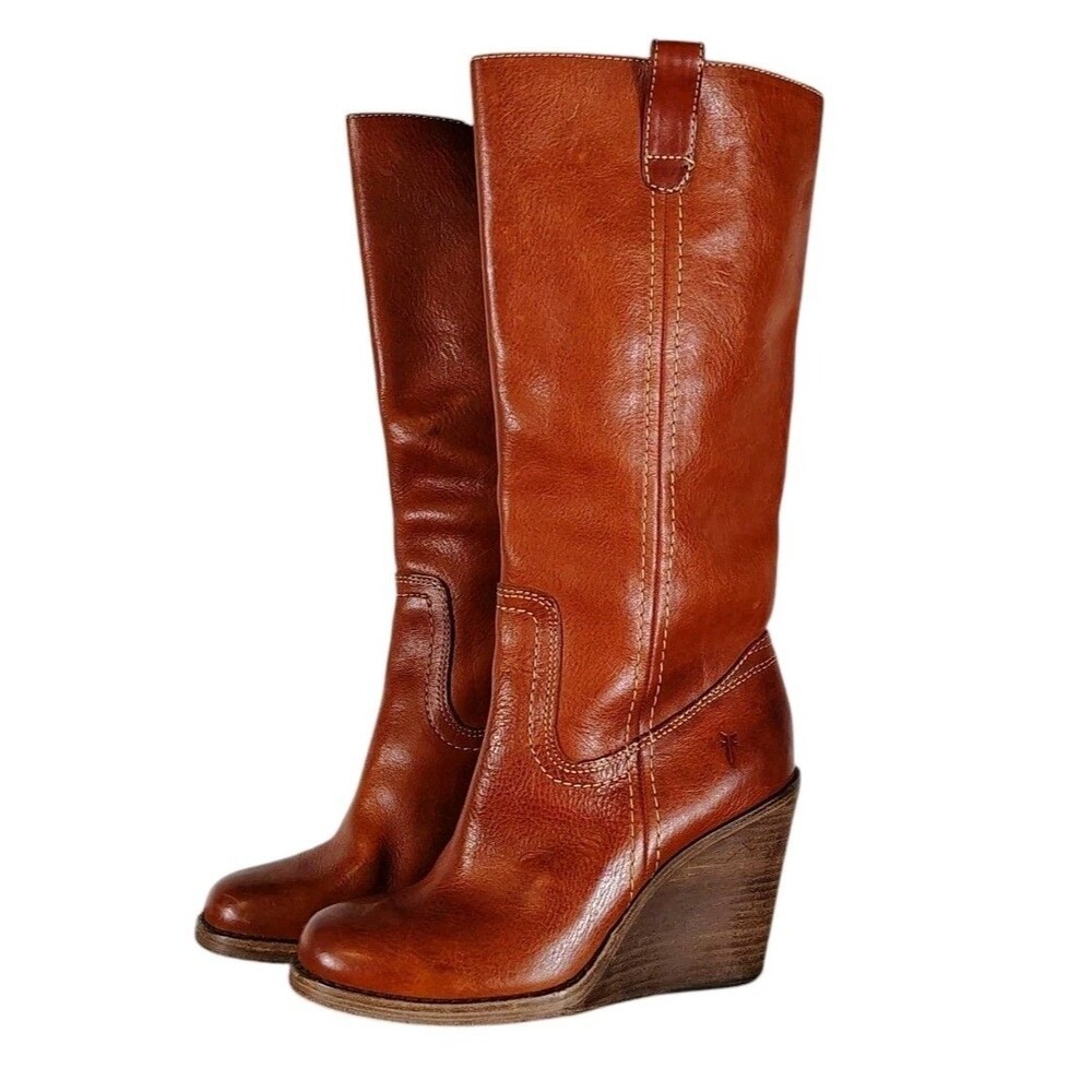 Frye Caroline Campus Tall Boots Size 6.5 Cognac Leather Wedge Pull On 77337